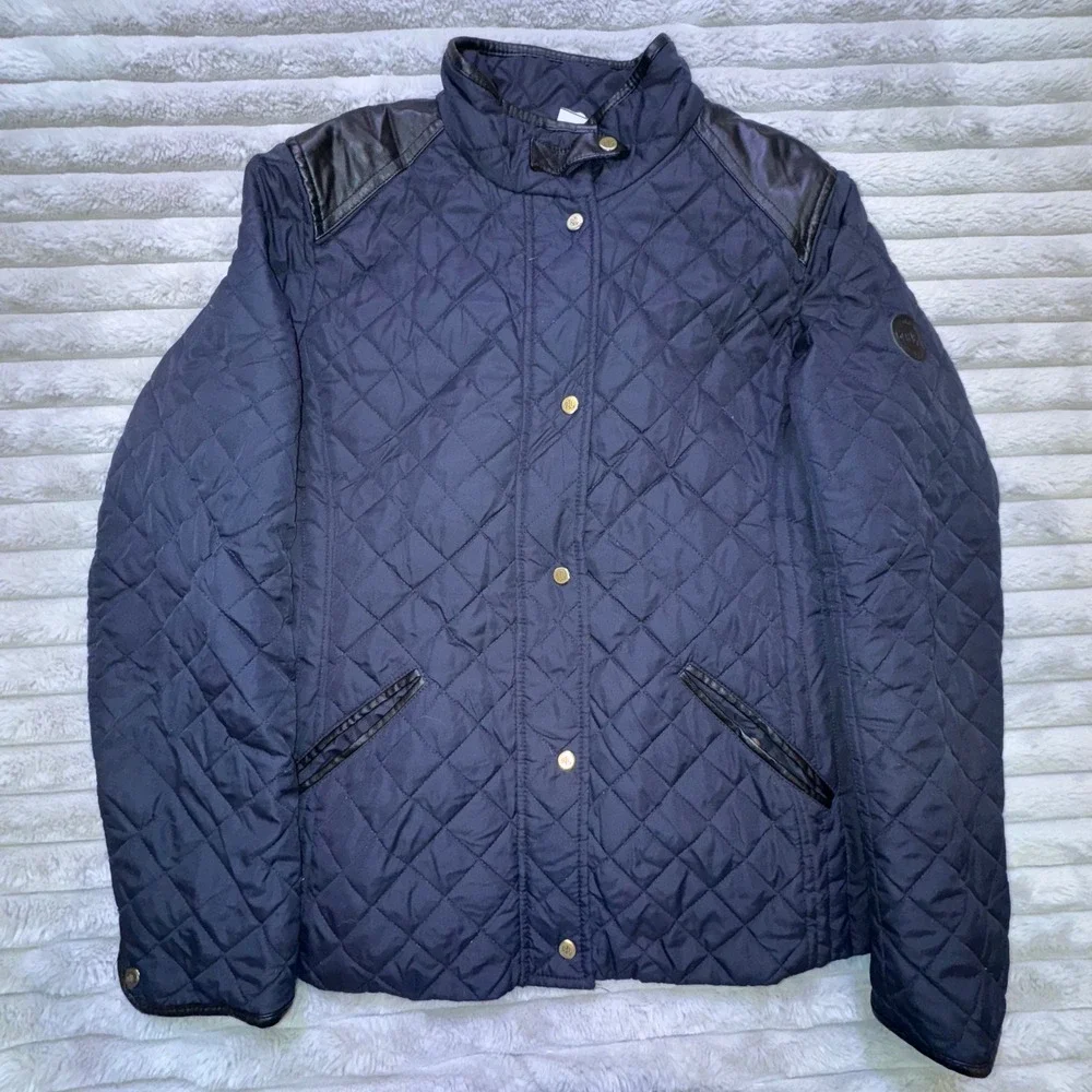 Ralph Lauren LRL Women L‎ Quilted Jacket Navy Barn Coat Equestrian Faux Leather